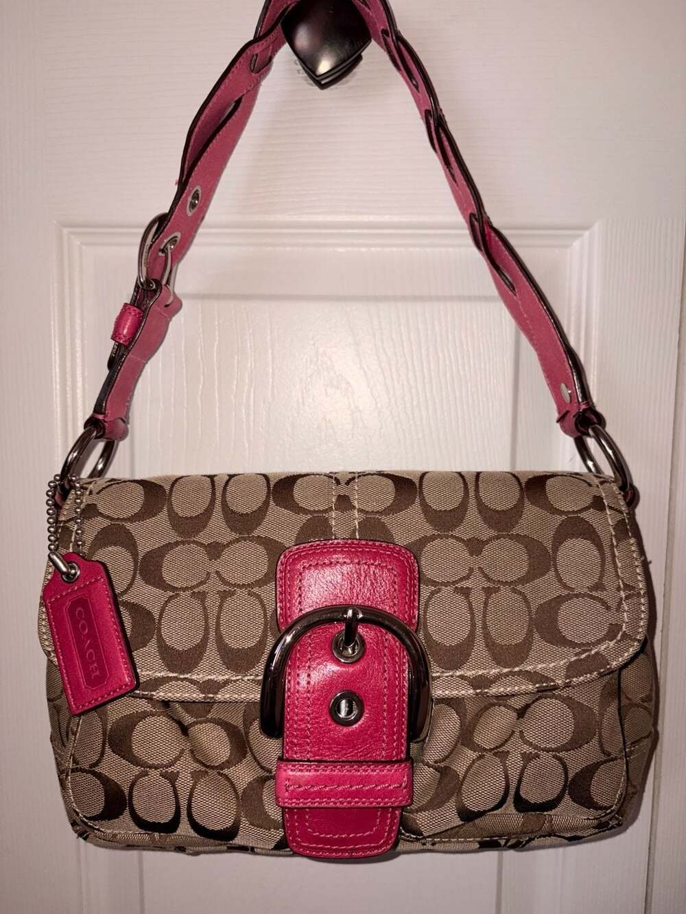 Coach Soho Signature Flap Bag with Pink Leather Trim and Braided Strap 11862